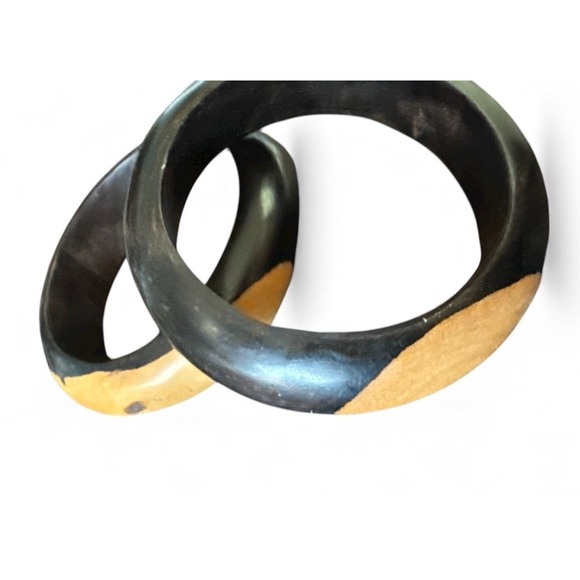 Set Of 2 Ebony Black Wood Bangle Bracelets 2-Tone Inlaid Boho Handmade 0.5"x6" - Picture 8 of 9